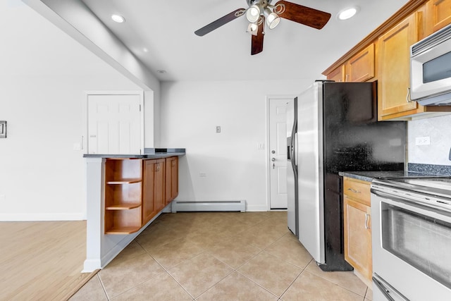 kitchen with backsplash, stainless steel electric range, a baseboard radiator, white microwave, and ceiling fan