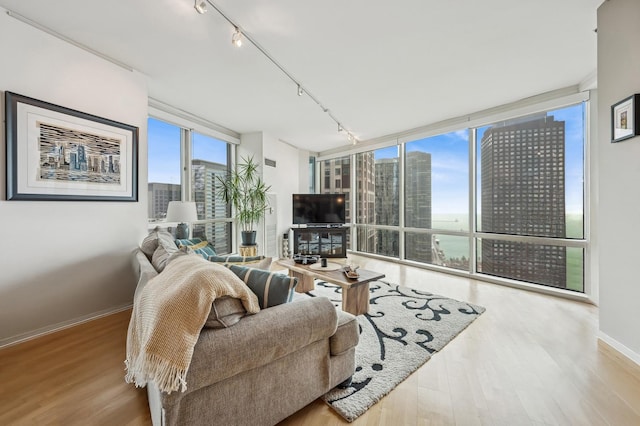 living room with track lighting, wood finished floors, baseboards, and expansive windows