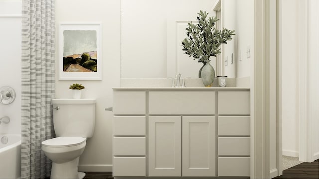 bathroom featuring toilet, wood finished floors, vanity, baseboards, and shower / bath combo with shower curtain