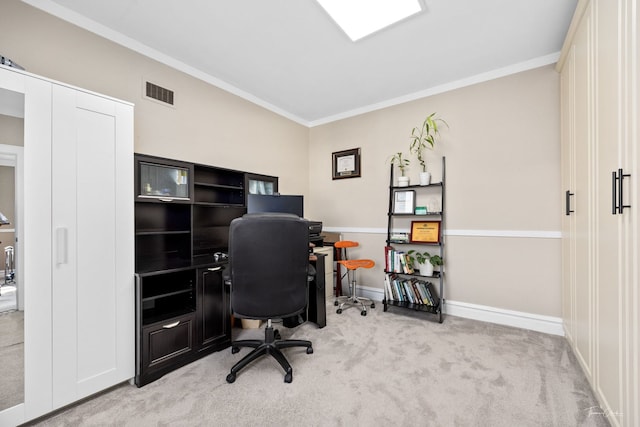 office space featuring light carpet, baseboards, visible vents, and ornamental molding