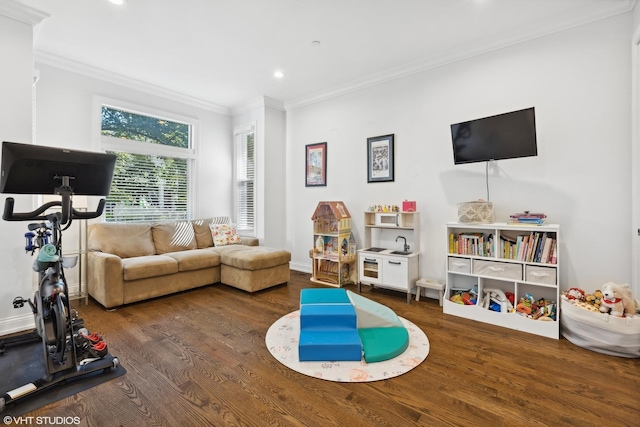 workout room featuring baseboards, ornamental molding, wood finished floors, and recessed lighting