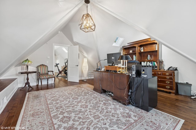 home office with lofted ceiling, baseboards, and dark wood-type flooring