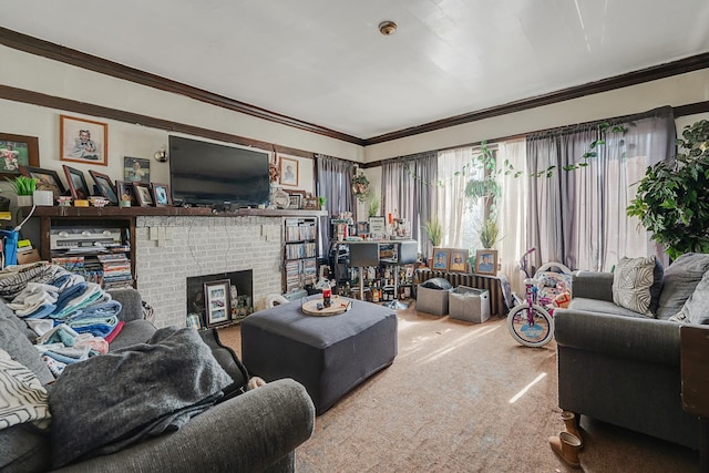 living room with carpet floors, a brick fireplace, and crown molding