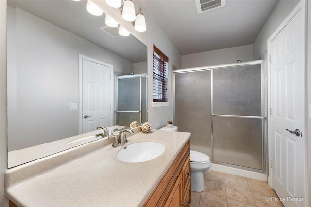 bathroom with visible vents, toilet, a stall shower, vanity, and tile patterned flooring