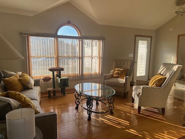 living area with wood finished floors and vaulted ceiling