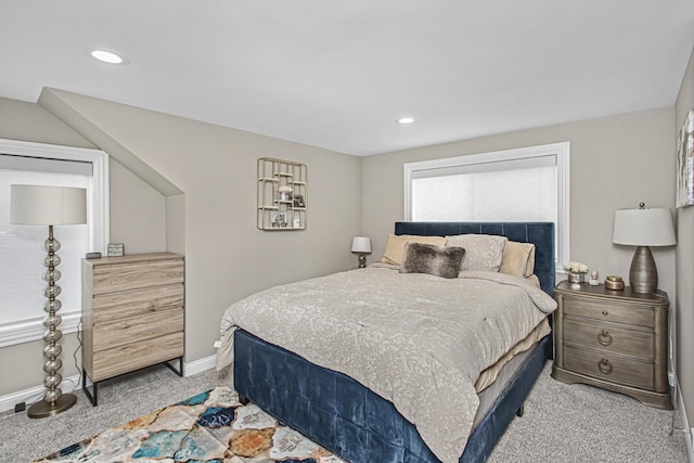 bedroom with recessed lighting, baseboards, and light colored carpet