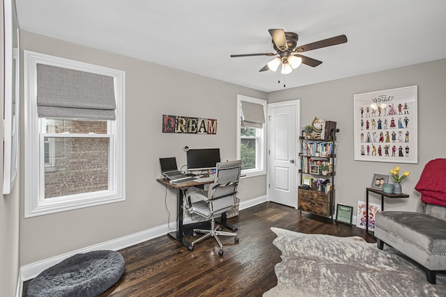 office space with ceiling fan, baseboards, and wood finished floors