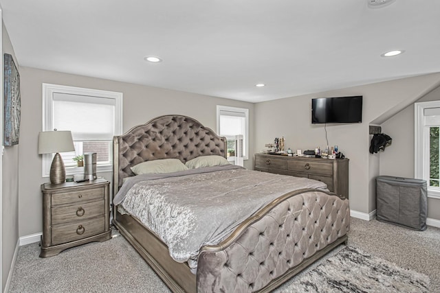 bedroom with carpet floors, baseboards, and recessed lighting