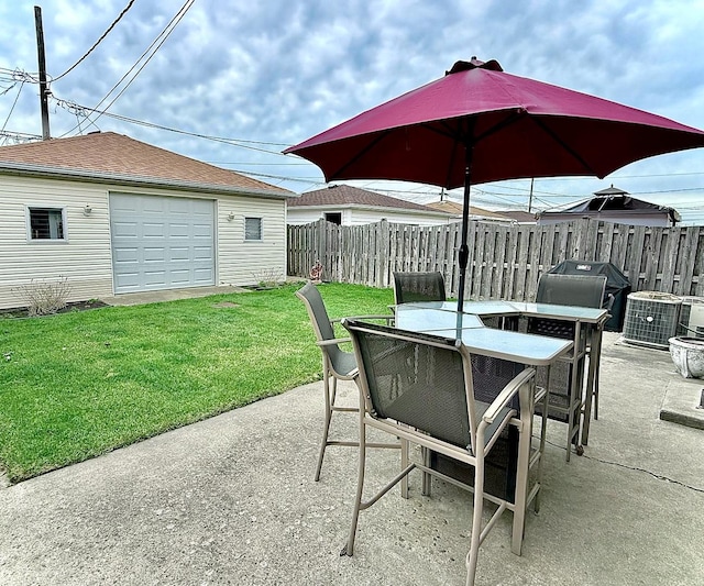 view of patio / terrace with an outdoor structure, grilling area, cooling unit, outdoor dining area, and fence