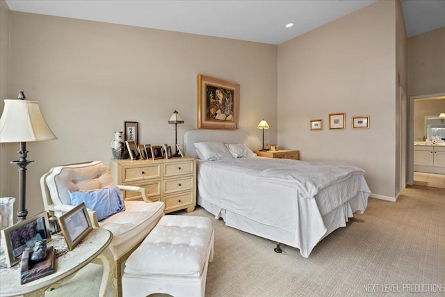 bedroom with baseboards, recessed lighting, and light colored carpet