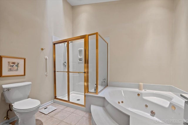 bathroom with a jetted tub, a shower stall, toilet, and tile patterned flooring