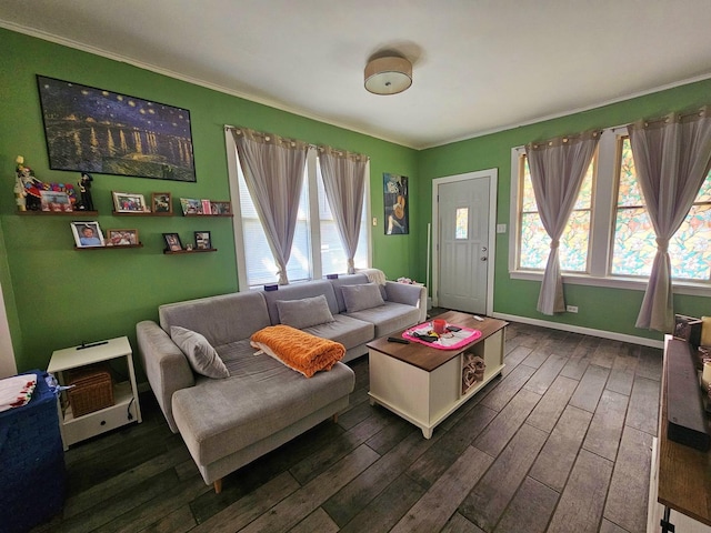 living area with plenty of natural light, baseboards, dark wood-type flooring, and ornamental molding