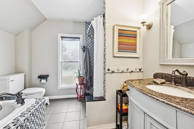 bathroom featuring lofted ceiling, tile patterned flooring, toilet, and a healthy amount of sunlight