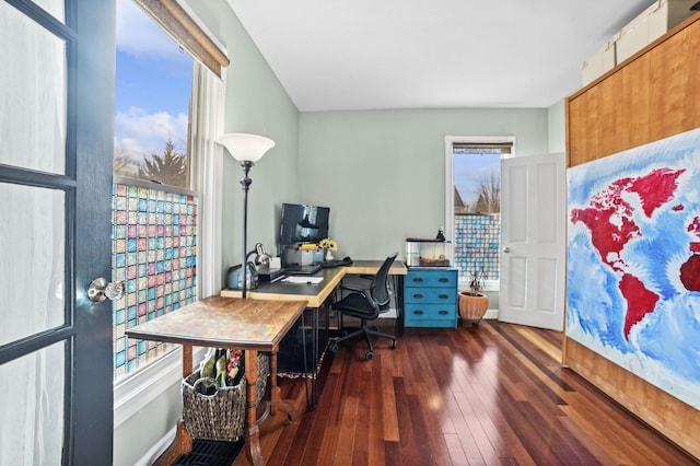 home office featuring wood-type flooring and baseboards