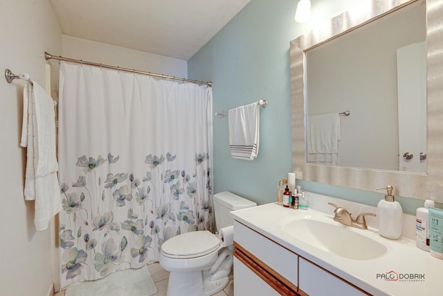 full bathroom with toilet, tile patterned floors, a shower with shower curtain, and vanity