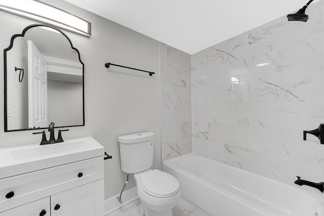 full bath with toilet, vanity, baseboards, marble finish floor, and tub / shower combination