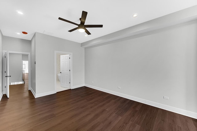 unfurnished bedroom featuring ceiling fan, ensuite bathroom, recessed lighting, baseboards, and dark wood-style floors