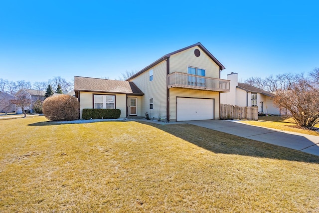 view of front of house with a front yard, a balcony, fence, concrete driveway, and a garage