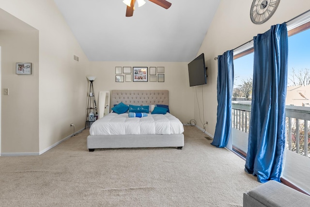 carpeted bedroom featuring visible vents, access to outside, baseboards, lofted ceiling, and ceiling fan