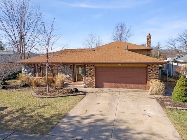 ranch-style home with an attached garage, brick siding, a shingled roof, concrete driveway, and a chimney