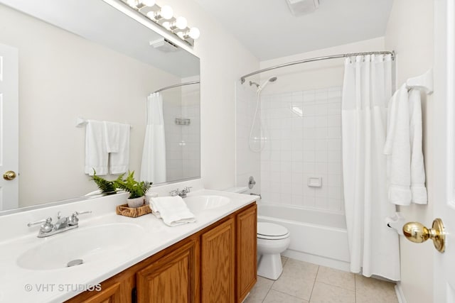 bathroom featuring shower / tub combo with curtain, double vanity, a sink, and tile patterned floors