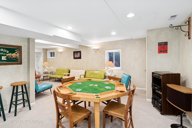 rec room featuring light carpet, baseboards, visible vents, and recessed lighting