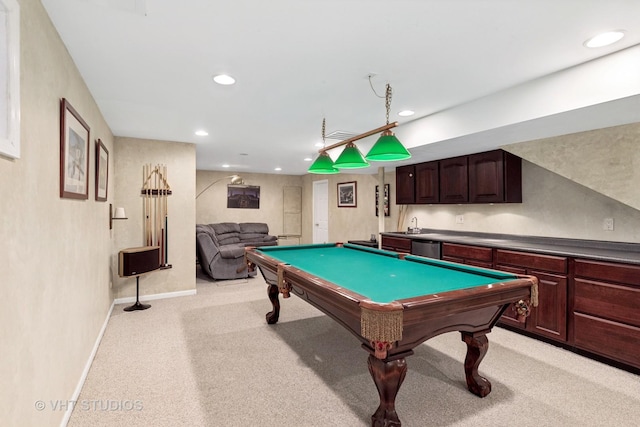 recreation room featuring recessed lighting, billiards, baseboards, and light colored carpet