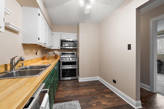 kitchen featuring baseboards, dark wood-style floors, stainless steel appliances, white cabinetry, and a sink