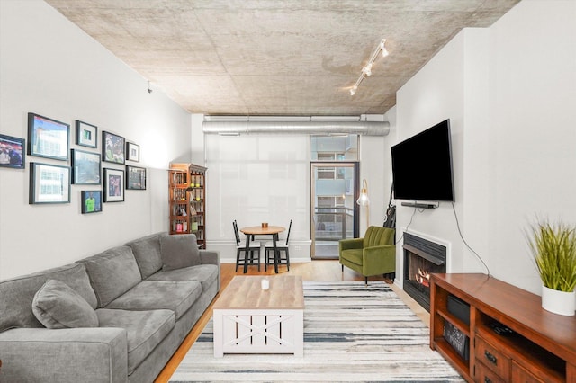 living room featuring a warm lit fireplace and wood finished floors