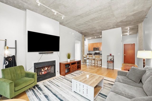 living room featuring a warm lit fireplace, rail lighting, and light wood finished floors