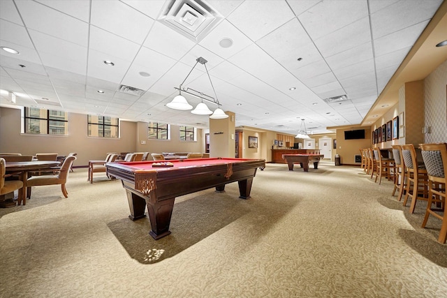 rec room featuring carpet floors, visible vents, and pool table