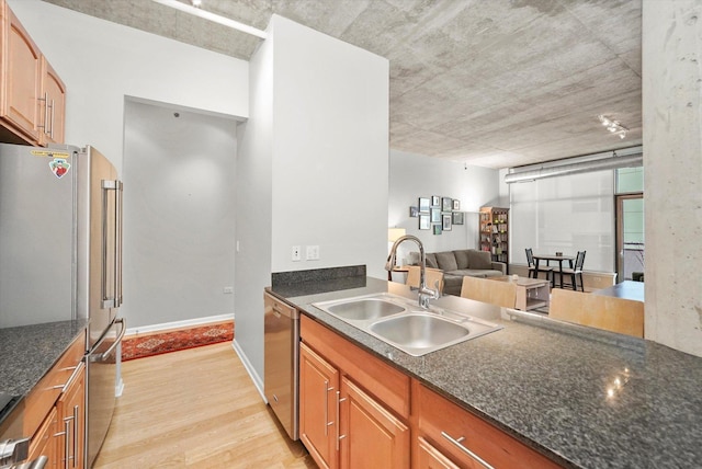 kitchen featuring stainless steel appliances, light wood-style floors, open floor plan, a sink, and baseboards