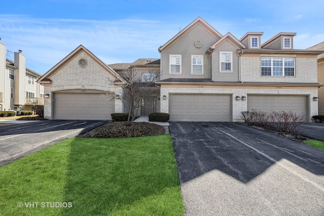 view of front of property featuring brick siding, a residential view, and driveway