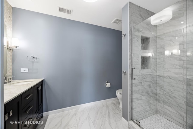 bathroom with visible vents, marble finish floor, toilet, and baseboards