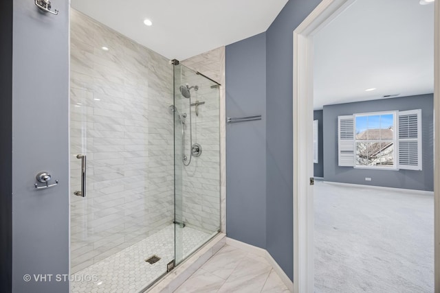 full bathroom featuring recessed lighting, baseboards, a stall shower, and marble finish floor