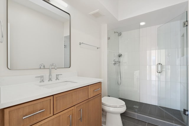 full bath featuring visible vents, vanity, toilet, and a shower stall