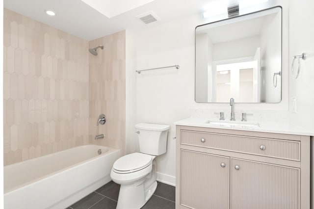 bathroom featuring visible vents, shower / washtub combination, toilet, tile patterned floors, and vanity