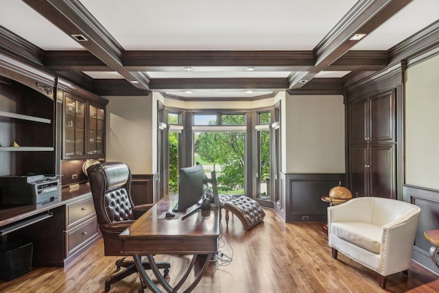 office space featuring a wainscoted wall, coffered ceiling, and beamed ceiling