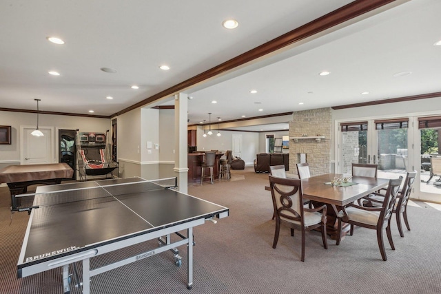 rec room featuring recessed lighting, crown molding, and carpet flooring