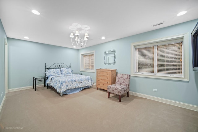 bedroom with recessed lighting, carpet flooring, a notable chandelier, and baseboards