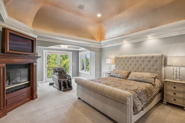 bedroom with arched walkways, recessed lighting, light carpet, access to outside, and ornamental molding