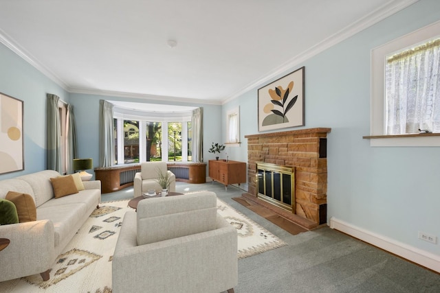 carpeted living area featuring baseboards, a stone fireplace, and ornamental molding