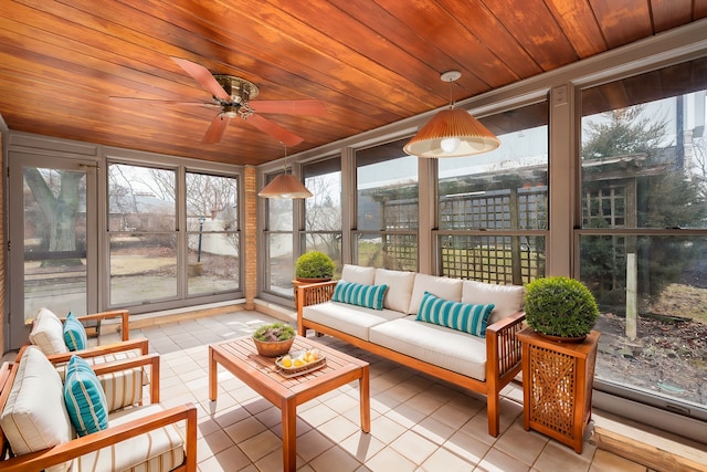 sunroom with wood ceiling and ceiling fan