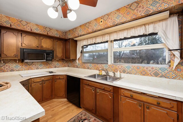 kitchen featuring light wood-style flooring, a sink, light countertops, black appliances, and brown cabinetry