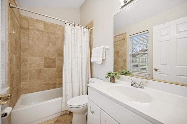 full bath featuring vanity, tile patterned floors, toilet, and shower / bath combo with shower curtain