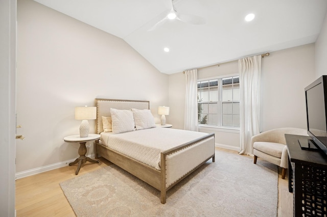 bedroom featuring recessed lighting, baseboards, light wood-style flooring, and vaulted ceiling