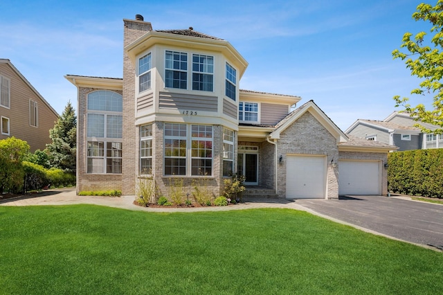 view of front of home featuring brick siding, a front lawn, a chimney, driveway, and an attached garage