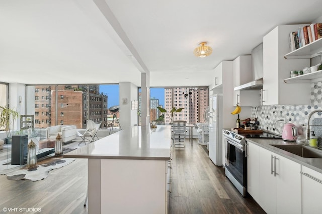 kitchen featuring electric stove, backsplash, freestanding refrigerator, open shelves, and a sink