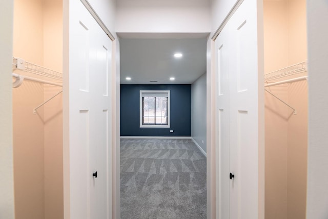 hall featuring carpet floors, recessed lighting, and baseboards