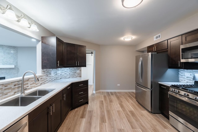 kitchen featuring dark brown cabinetry, a sink, visible vents, appliances with stainless steel finishes, and light wood finished floors